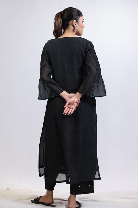 Beige Chanderi Gathered Sleeve Kurta & Pant Set 