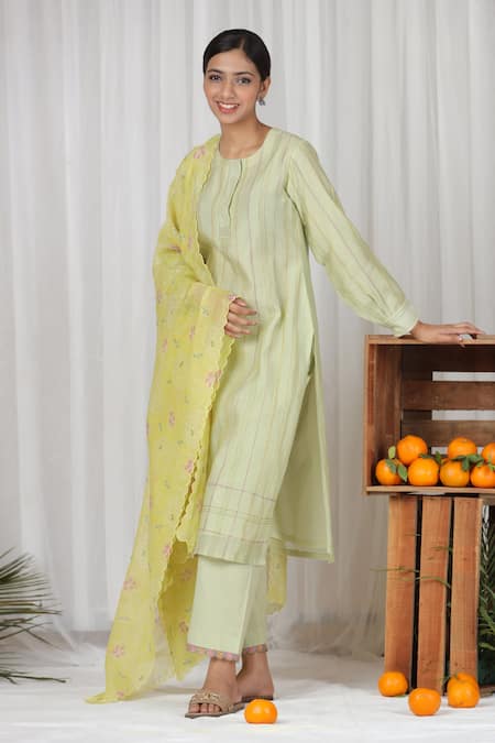 Beige Green Kurta Pure Mul Chanderi Embroidered Floral Stitched Pattern Pant Set 