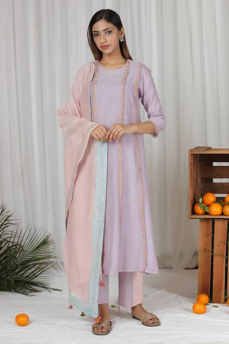 Beige Seam Floral Embroidered Kurta Pant Set 