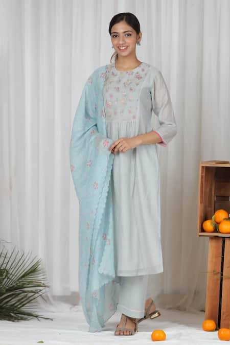 Beige Yoke Embroidered Kurta & Pant Set 