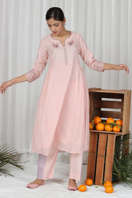 Beige Neck Embroidered Kurta & Pant Set 