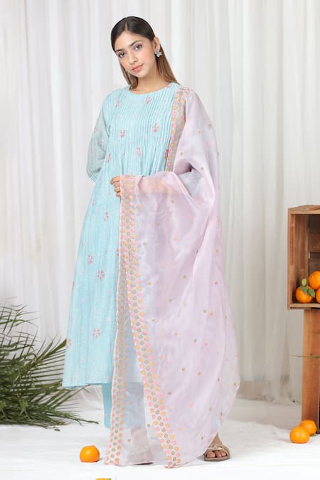 Beige Blue Kurta Pure Mul Chanderi Printed Floral Round Pattern Neck And Pant Set 