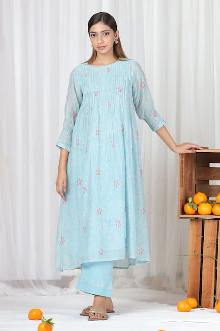 Beige_Blue Chanderi, Cotton Embroidery Round Neck Floral Pattern Kurta And Pant Set_Online_at_Aza_Fashions
