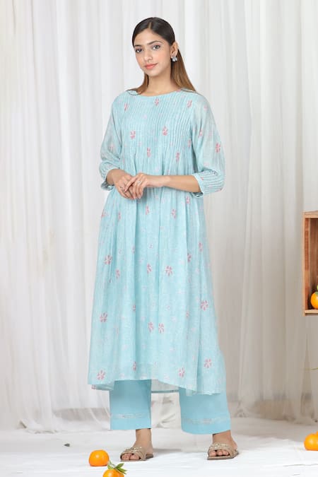Buy_Beige_Blue Chanderi, Cotton Embroidery Round Neck Floral Pattern Kurta And Pant Set_Online_at_Aza_Fashions