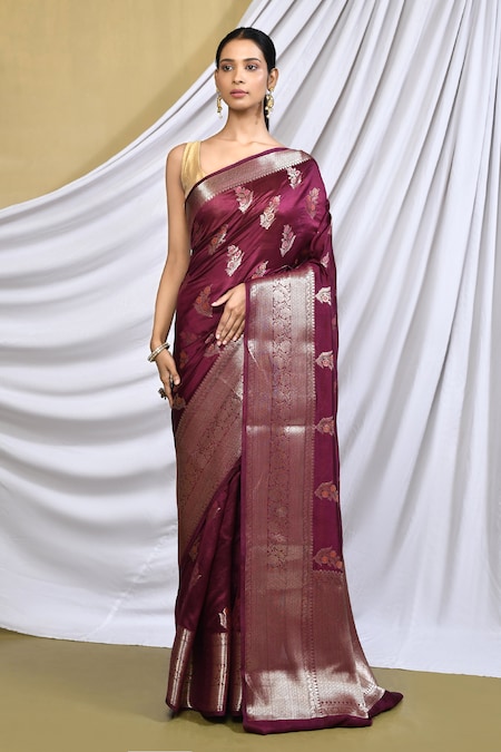 Khwaab by Sanjana Lakhani Wine Silk Woven Banarasi Saree With Running Blouse