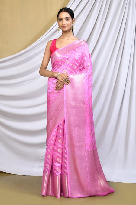 Khwaab by Sanjana Lakhani Pink Silk Woven Banarasi Floral Geometric Pattern Saree With Running Blouse