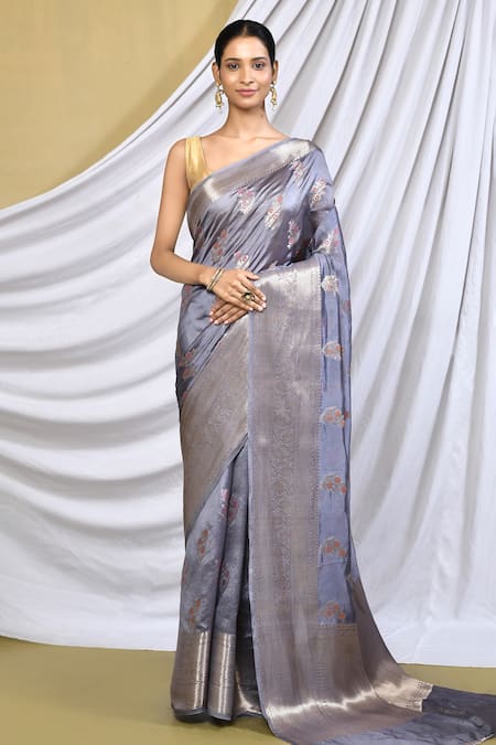 Khwaab by Sanjana Lakhani Grey Silk Woven Banarasi Floral Pattern Saree With Running Blouse