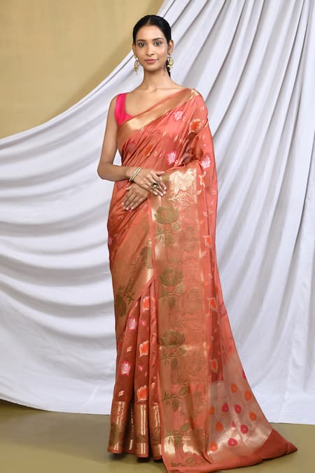 Khwaab by Sanjana Lakhani Brown Silk Woven Floral Leaf Pattern Saree With Running Blouse