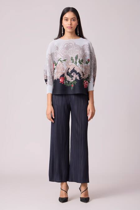 Scarlet Sage_Blue Polyester Boat Neck Adela Floral Print Top And Pant Set_Online_at_Aza_Fashions