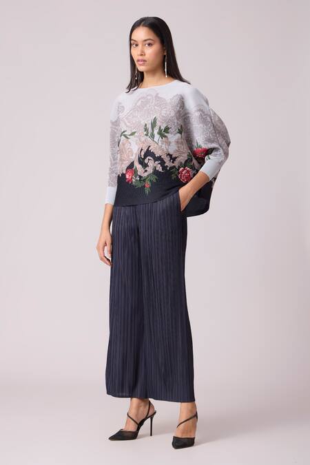 Shop_Scarlet Sage_Blue Polyester Boat Neck Adela Floral Print Top And Pant Set_Online_at_Aza_Fashions