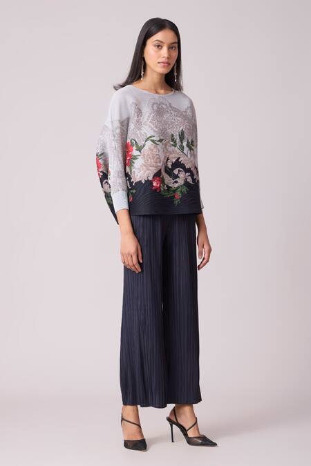 Buy_Scarlet Sage_Blue Polyester Boat Neck Adela Floral Print Top And Pant Set