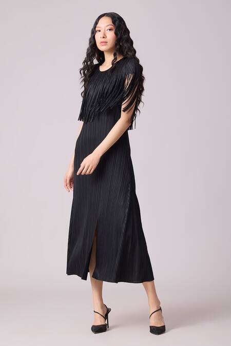Scarlet Sage_Black Polyester Fringe Round Neck Alisha Tassel Dress_Online_at_Aza_Fashions