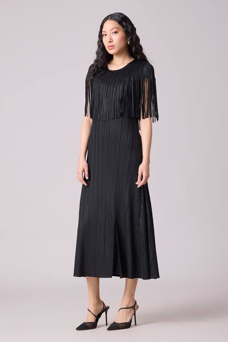 Shop_Scarlet Sage_Black Polyester Fringe Round Neck Alisha Tassel Dress_Online_at_Aza_Fashions
