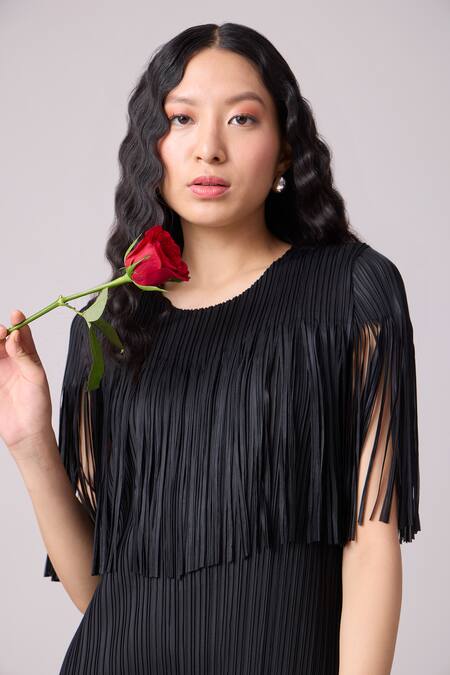 Scarlet Sage_Black Polyester Fringe Round Neck Alisha Tassel Dress_at_Aza_Fashions