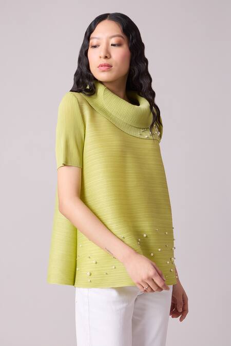Buy_Scarlet Sage_Green Polyester Pearls Turtle Neck Hazel Work Top_Online_at_Aza_Fashions