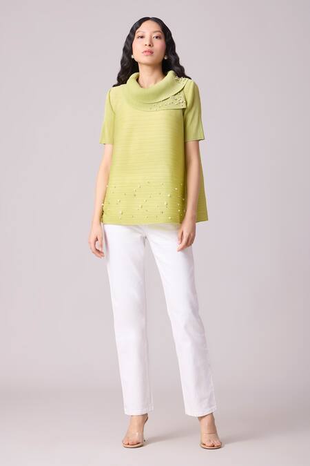 Shop_Scarlet Sage_Green Polyester Pearls Turtle Neck Hazel Work Top_Online_at_Aza_Fashions