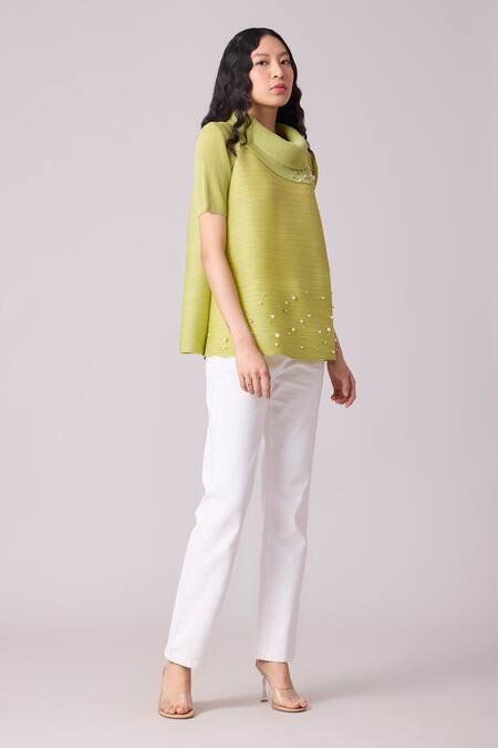 Scarlet Sage_Green Polyester Pearls Turtle Neck Hazel Work Top_at_Aza_Fashions