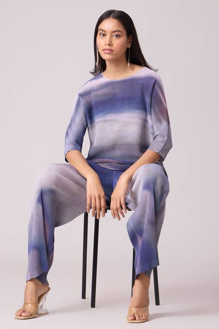 Scarlet Sage_Purple Polyester Round Neck Marble Print Top And Pant Set _Online_at_Aza_Fashions