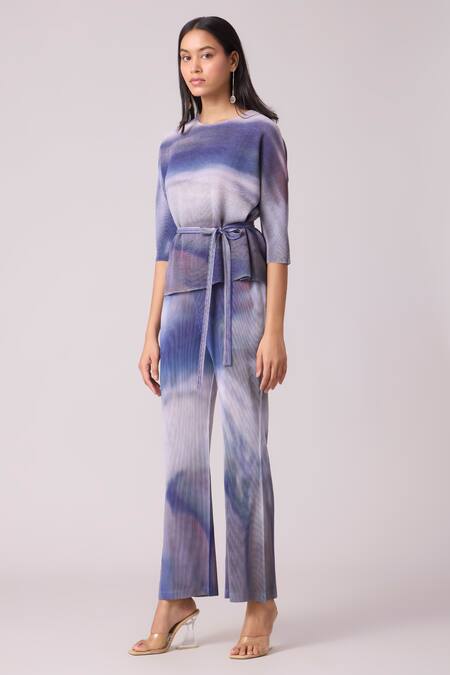 Shop_Scarlet Sage_Purple Polyester Round Neck Marble Print Top And Pant Set _Online_at_Aza_Fashions