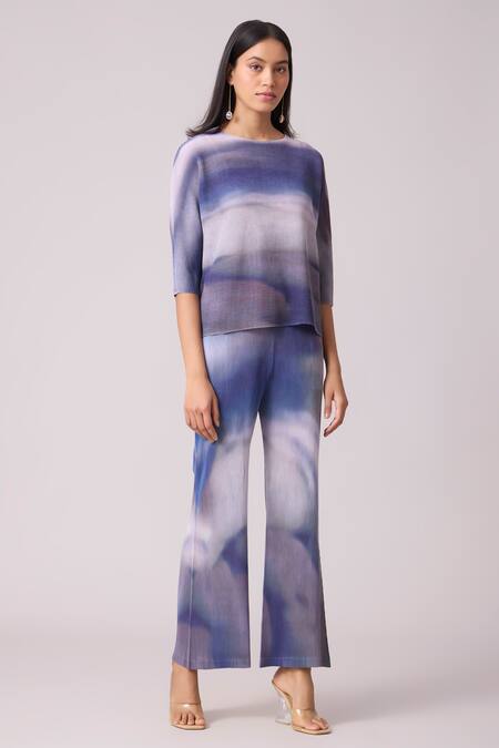 Buy_Scarlet Sage_Purple Polyester Round Neck Marble Print Top And Pant Set 