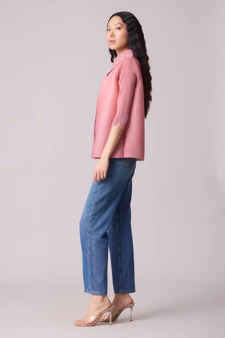 Scarlet Sage_Pink Polyester Pearls Collared Maise Work Shirt_Online_at_Aza_Fashions