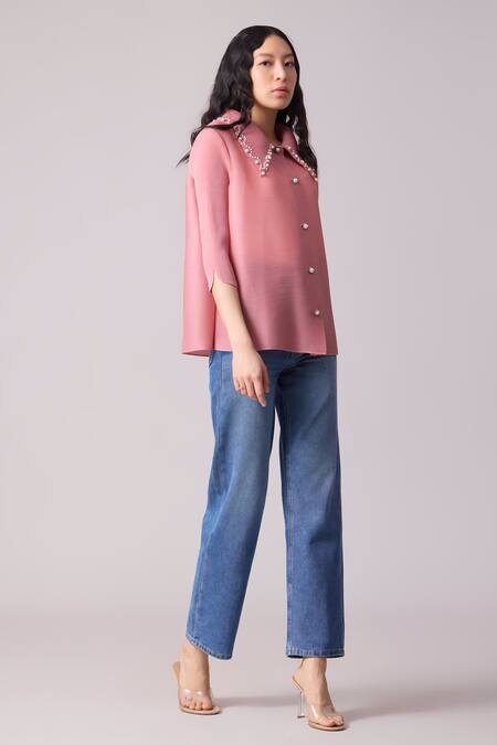 Buy_Scarlet Sage_Pink Polyester Pearls Collared Maise Work Shirt_Online_at_Aza_Fashions