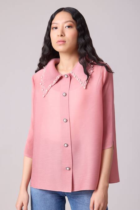 Shop_Scarlet Sage_Pink Polyester Pearls Collared Maise Work Shirt_Online_at_Aza_Fashions