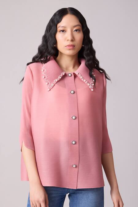 Scarlet Sage_Pink Polyester Pearls Collared Maise Work Shirt_at_Aza_Fashions