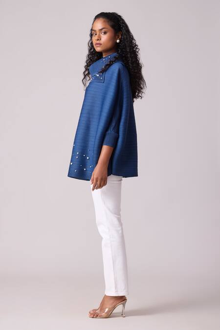 Buy Scarlet Sage Blue Polyester Pearls Turtle Neck Sloane Top Online at Aza Fashions Buy_Scarlet Sage_Blue Polyester Pearls Turtle Neck Sloane Top_Online_at_Aza_Fashions