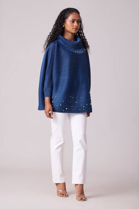 Shop Scarlet Sage Blue Polyester Pearls Turtle Neck Sloane Top Online at Aza Fashions Shop_Scarlet Sage_Blue Polyester Pearls Turtle Neck Sloane Top_Online_at_Aza_Fashions