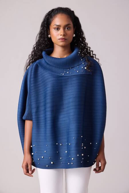 Scarlet Sage Blue Polyester Pearls Turtle Neck Sloane Top at Aza Fashions Scarlet Sage_Blue Polyester Pearls Turtle Neck Sloane Top_at_Aza_Fashions