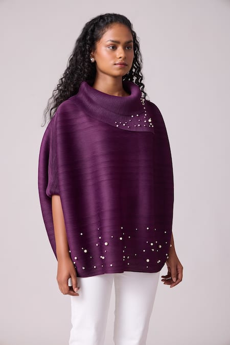 Scarlet Sage_Purple Polyester Pearls Turtle Neck Sloane Embellished Top_Online_at_Aza_Fashions