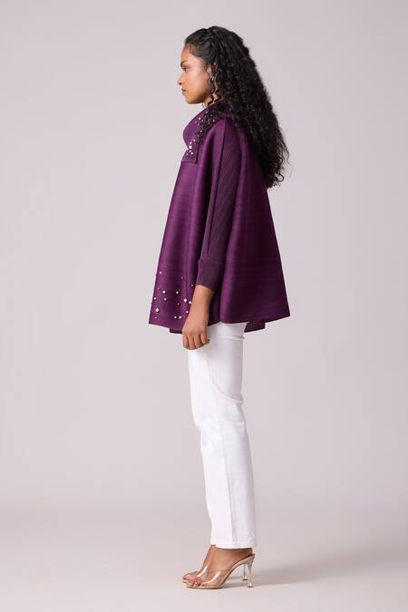 Buy_Scarlet Sage_Purple Polyester Pearls Turtle Neck Sloane Embellished Top_Online_at_Aza_Fashions