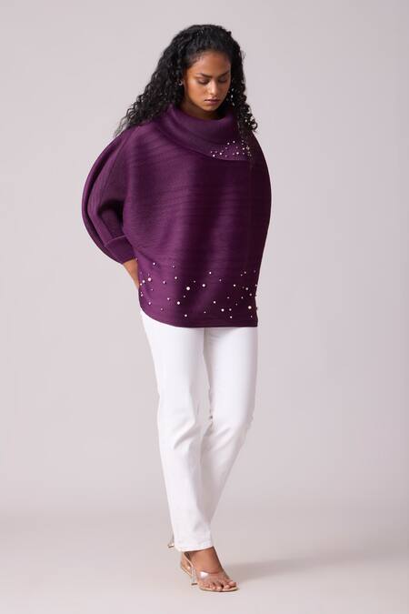 Shop_Scarlet Sage_Purple Polyester Pearls Turtle Neck Sloane Embellished Top_Online_at_Aza_Fashions