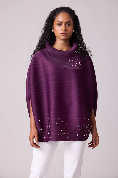 Scarlet Sage_Purple Polyester Pearls Turtle Neck Sloane Embellished Top_at_Aza_Fashions