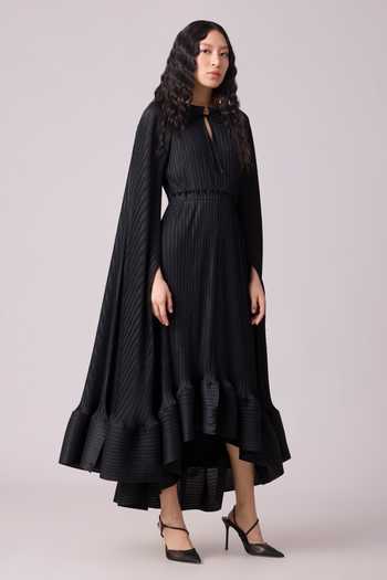 Shop_Scarlet Sage_Black Polyester Cowl Neck Tasmina Cape Sleeve Dress_Online_at_Aza_Fashions