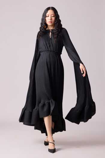 Scarlet Sage_Black Polyester Cowl Neck Tasmina Cape Sleeve Dress_at_Aza_Fashions