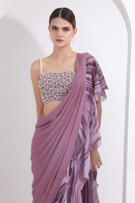 Omal Sindwani_Purple Georgette Pearls, Sequins Pre-draped Ruffle Saree With Embroidered Blouse _at_Aza_Fashions