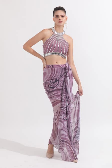 OMAL SINDWANI Purple Georgette Printed Marble Hand Embroidered Blouse And Draped Skirt Set 