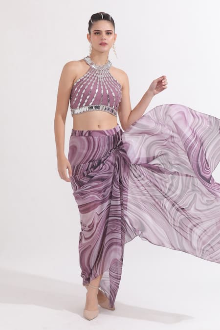 Buy_Omal Sindwani_Purple Georgette Beads, Sequins Hand Embroidered Blouse And Draped Skirt Set _Online_at_Aza_Fashions