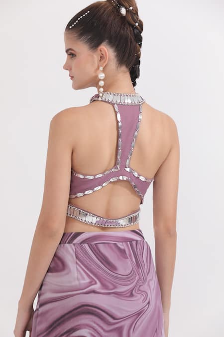 Shop_Omal Sindwani_Purple Georgette Beads, Sequins Hand Embroidered Blouse And Draped Skirt Set _Online_at_Aza_Fashions