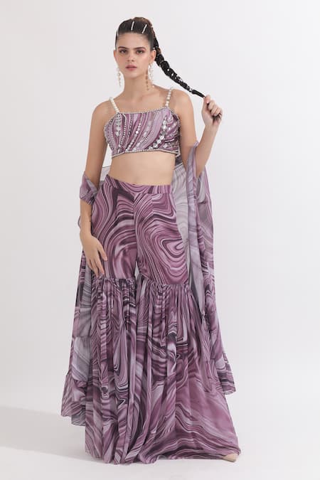 OMAL SINDWANI Purple Georgette Printed Marble Round Cape Gharara Set 