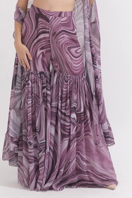Shop_Omal Sindwani_Purple Georgette Pearls, Sequins Round Neck Marble Print Cape Gharara Set _Online_at_Aza_Fashions
