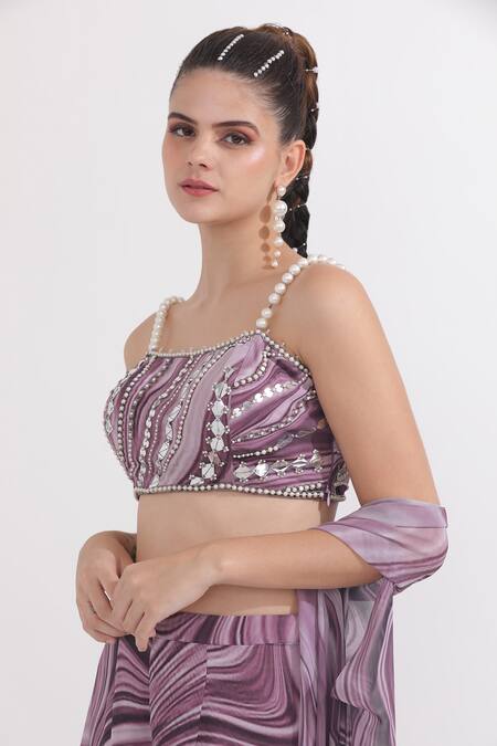 Omal Sindwani_Purple Georgette Pearls, Sequins Round Neck Marble Print Cape Gharara Set _at_Aza_Fashions