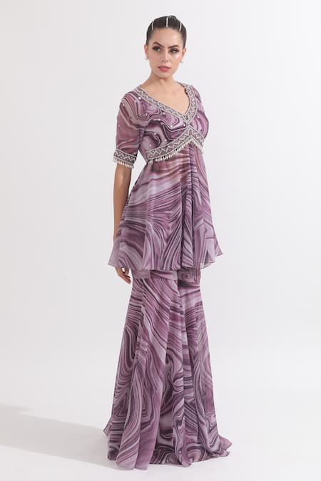 Omal Sindwani_Purple Georgette Embroidery, Pearls, Mirrors Marble Print Kurta And Gharara Set _Online_at_Aza_Fashions