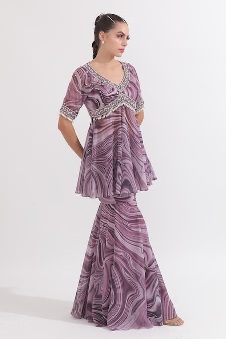 Buy_Omal Sindwani_Purple Georgette Embroidery, Pearls, Mirrors Marble Print Kurta And Gharara Set _Online_at_Aza_Fashions