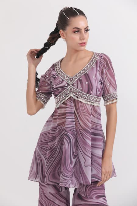 Shop_Omal Sindwani_Purple Georgette Embroidery, Pearls, Mirrors Marble Print Kurta And Gharara Set _Online_at_Aza_Fashions