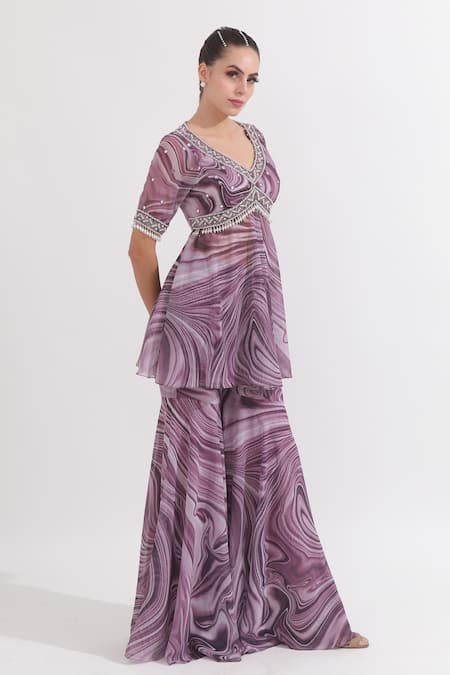 Omal Sindwani_Purple Georgette Embroidery, Pearls, Mirrors Marble Print Kurta And Gharara Set _at_Aza_Fashions
