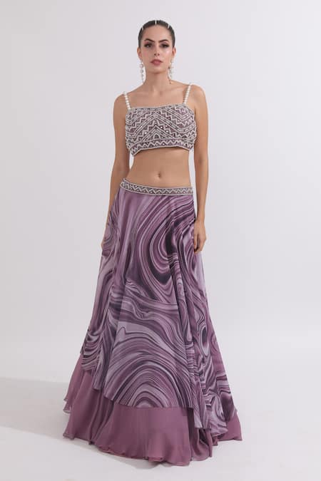 Omal Sindwani_Purple Georgette Pearls, Mirrors Sweetheart Marble Print Lehenga With Blouse _Online_at_Aza_Fashions