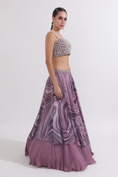 Buy_Omal Sindwani_Purple Georgette Pearls, Mirrors Sweetheart Marble Print Lehenga With Blouse _Online_at_Aza_Fashions